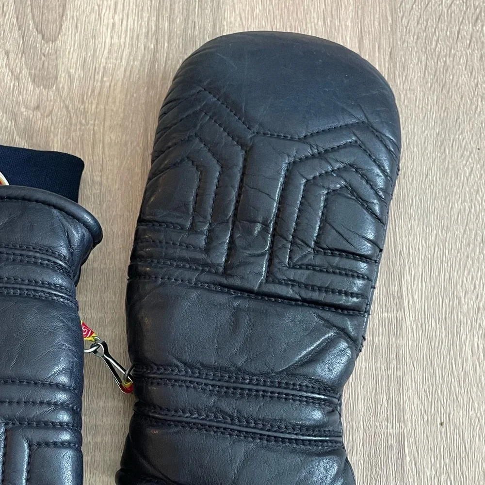 Vintage Kombi navy blue leather mittens mitts in quilted diamond pattern. M - Picture 2 of 5